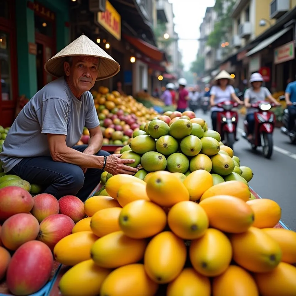 Street vendor selling mangoes in Hanoi