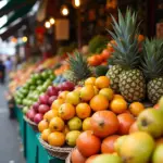 Hanoi street market with colorful displays of fresh fruits