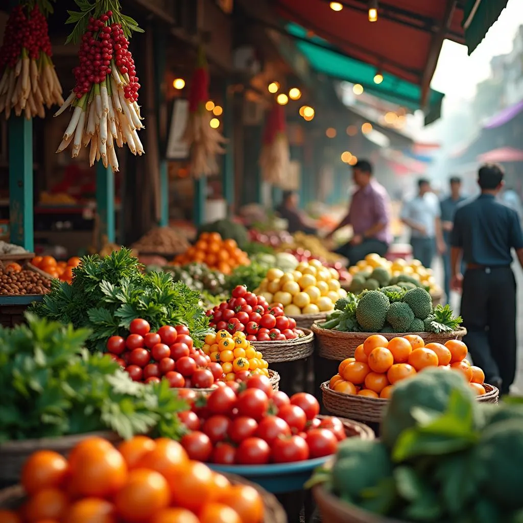 Hanoi street market brimming with colorful fresh fruits and vegetables.