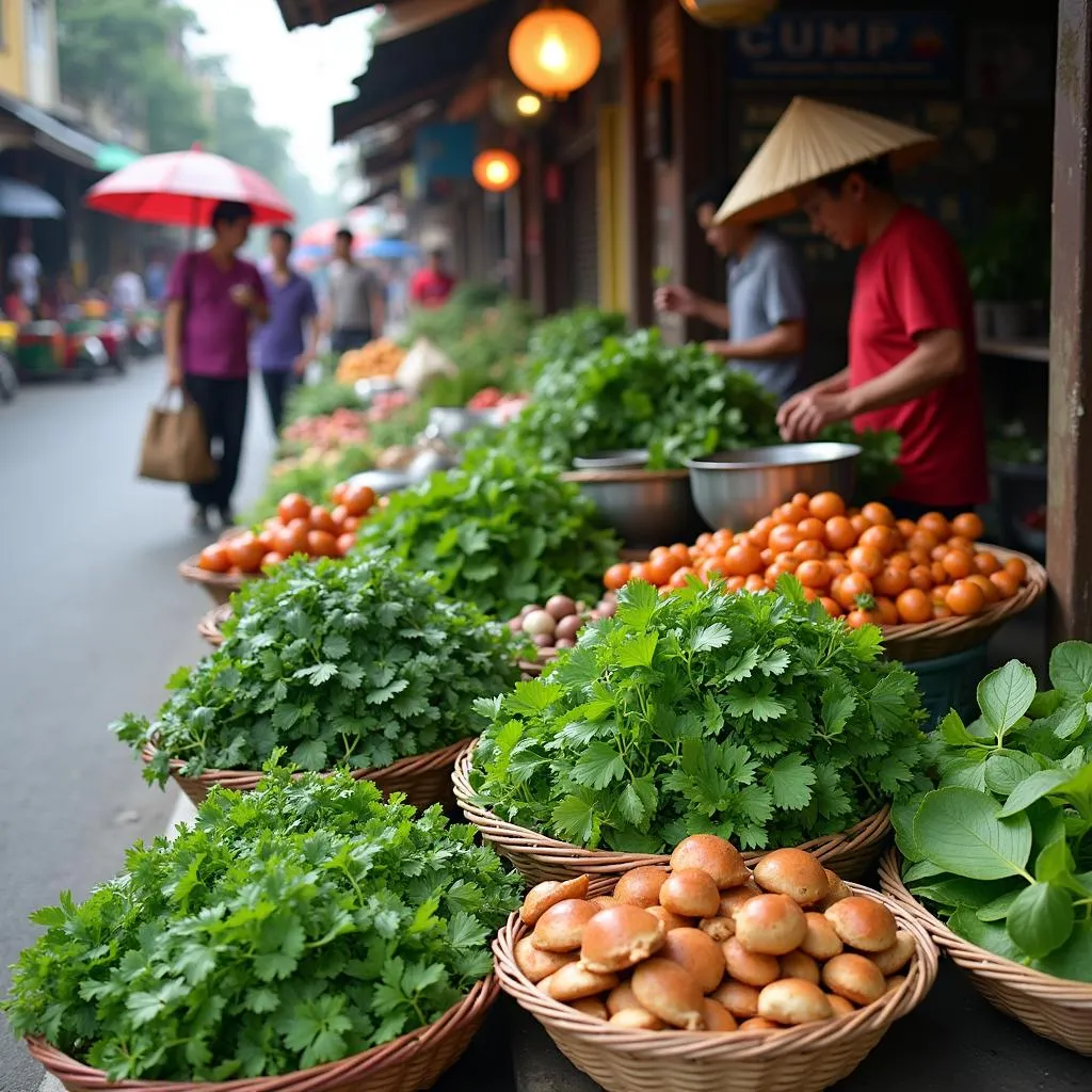 Hanoi street market bustling with vendors selling fresh produce