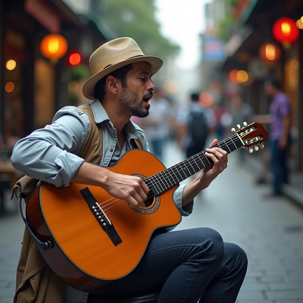 A Hanoi street musician serenading passersby with his guitar