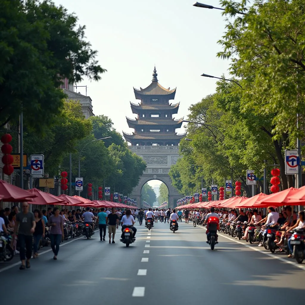 Hanoi street scene with Temple of Literature