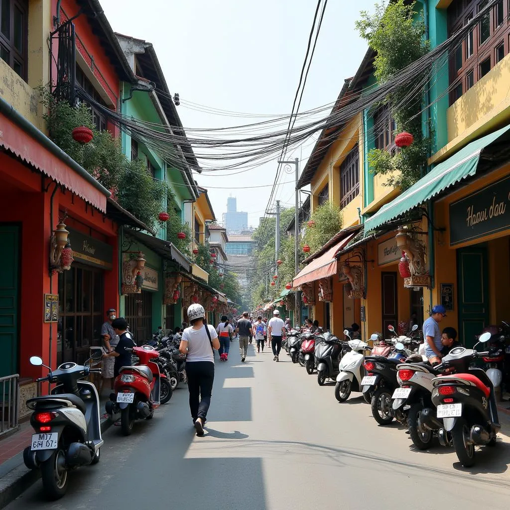 Hanoi Street Scene with Shops and Motorbikes