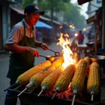 Hanoi street vendor grilling corn on the cob