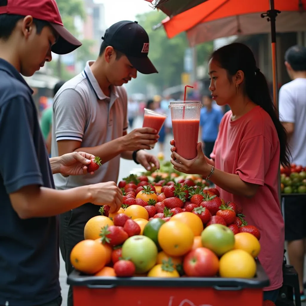 Hanoi street vendor preparing fresh strawberry smoothie