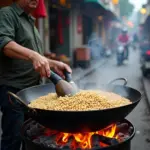 Hanoi street vendor roasting lotus seeds in a wok.