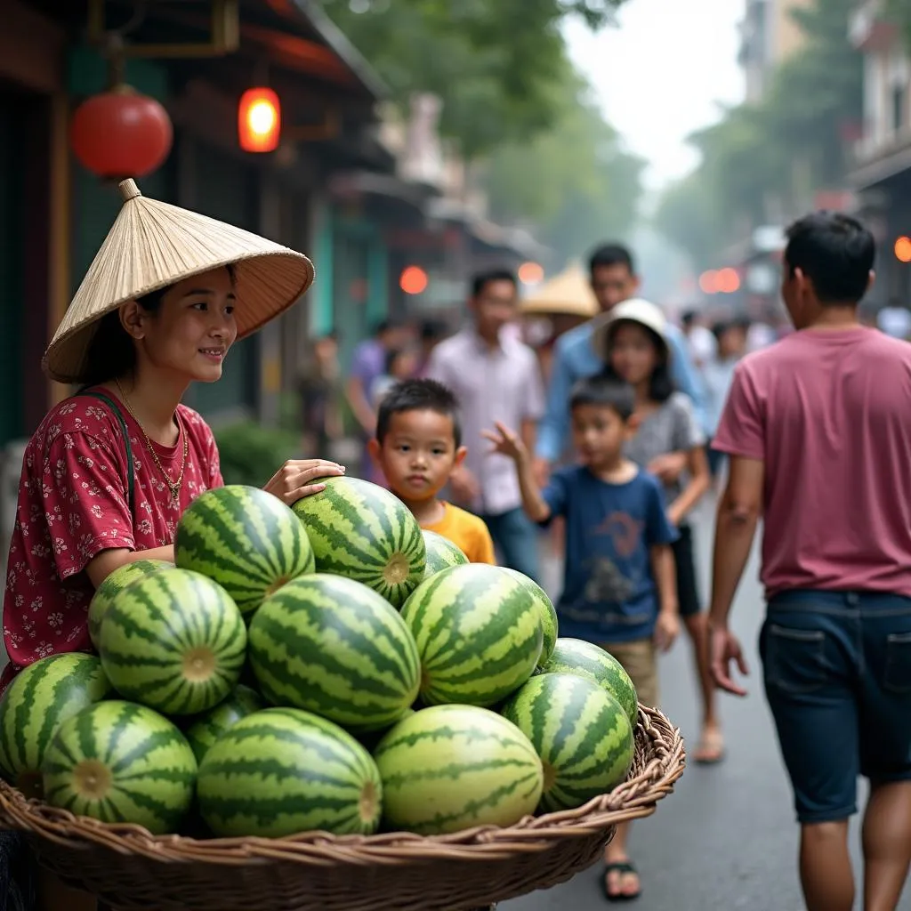 Hanoi street vendor selling fresh watermelons