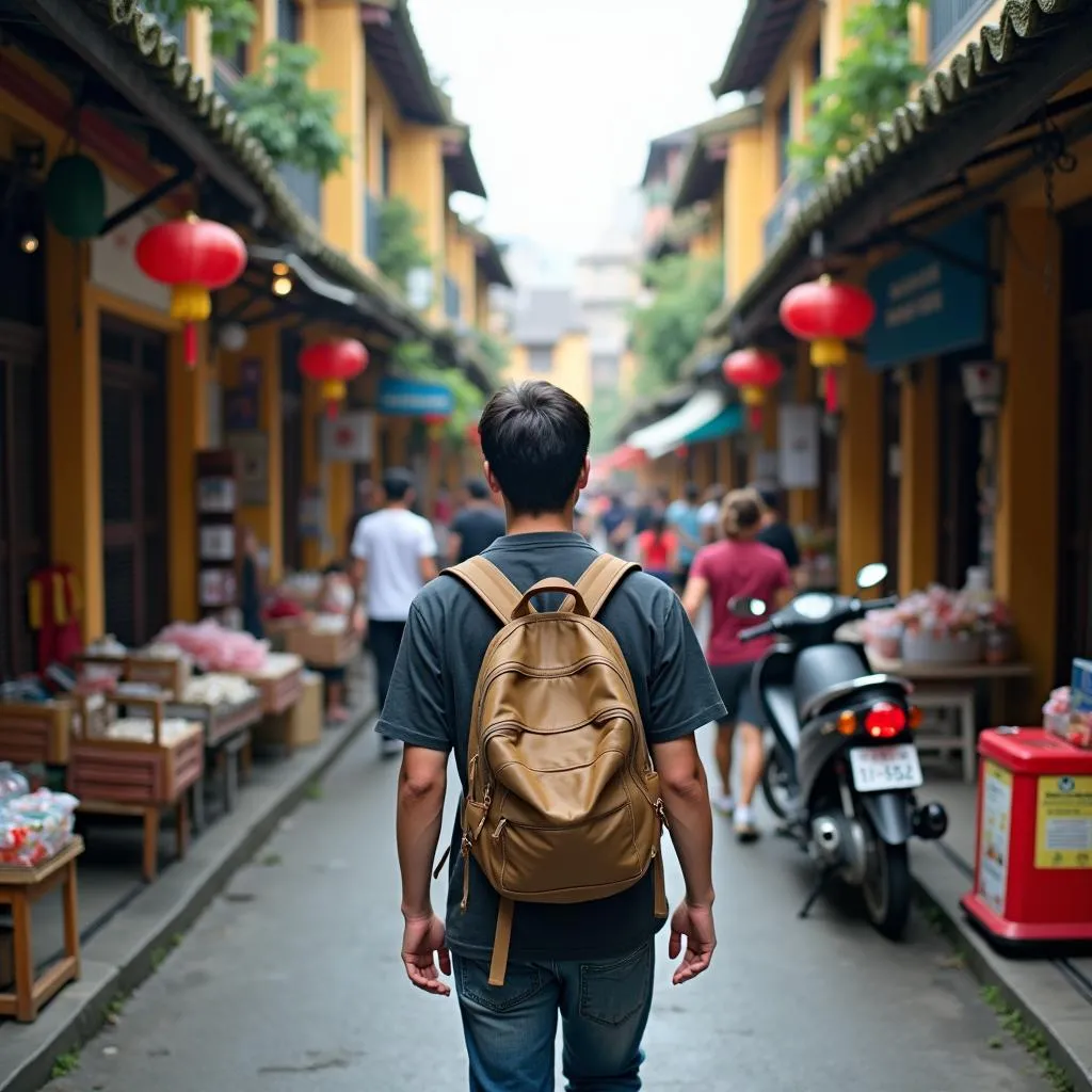 Student Exploring Hanoi's Old Quarter