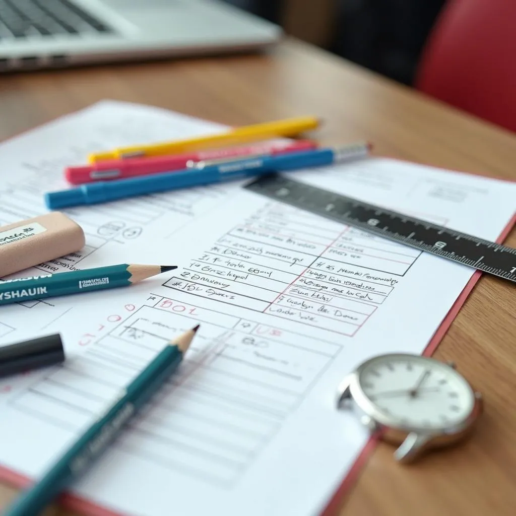 Vietnamese student organizing exam essentials on a desk