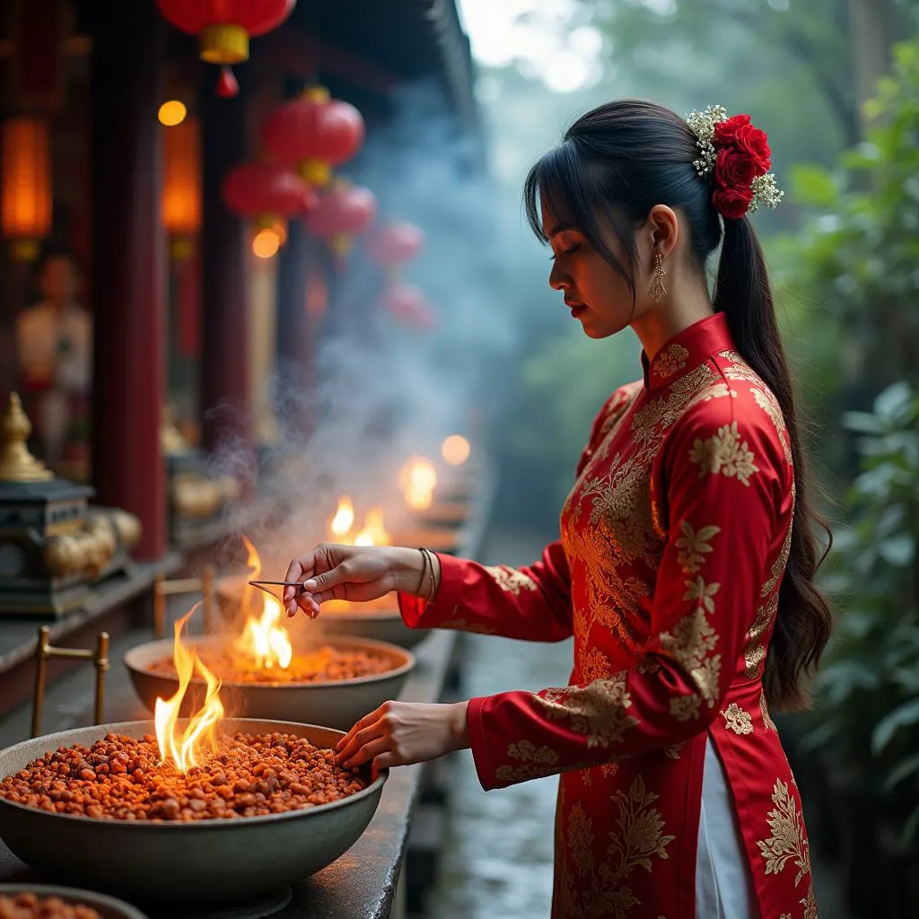 Hanoi temple with a woman making an incense offering