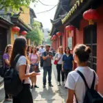 Tour guide leading a group through Hanoi's Old Quarter