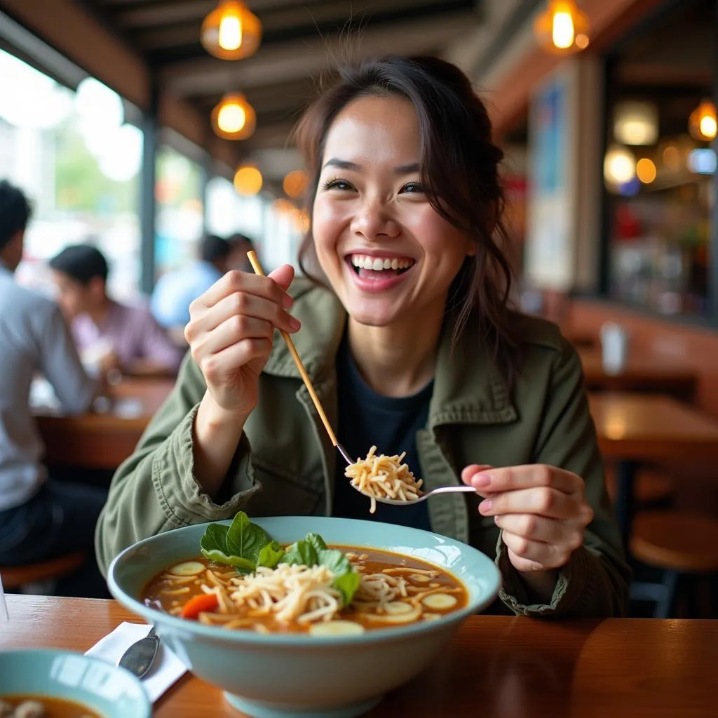 Hanoi Tourist Enjoying Pho