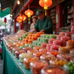 Chewing gum vendor in Hanoi traditional market