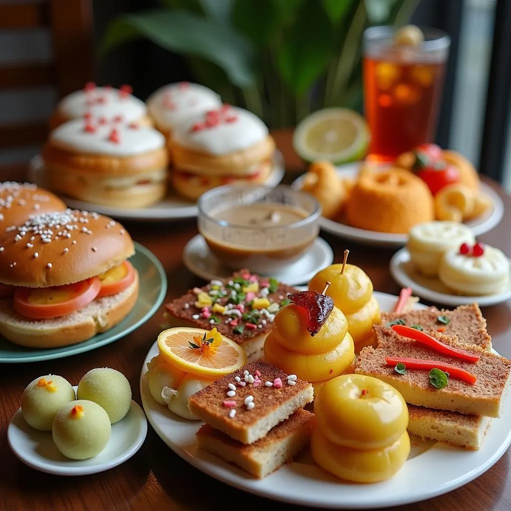 A variety of traditional Hanoi snacks like Bánh Mì and Xôi Xào.