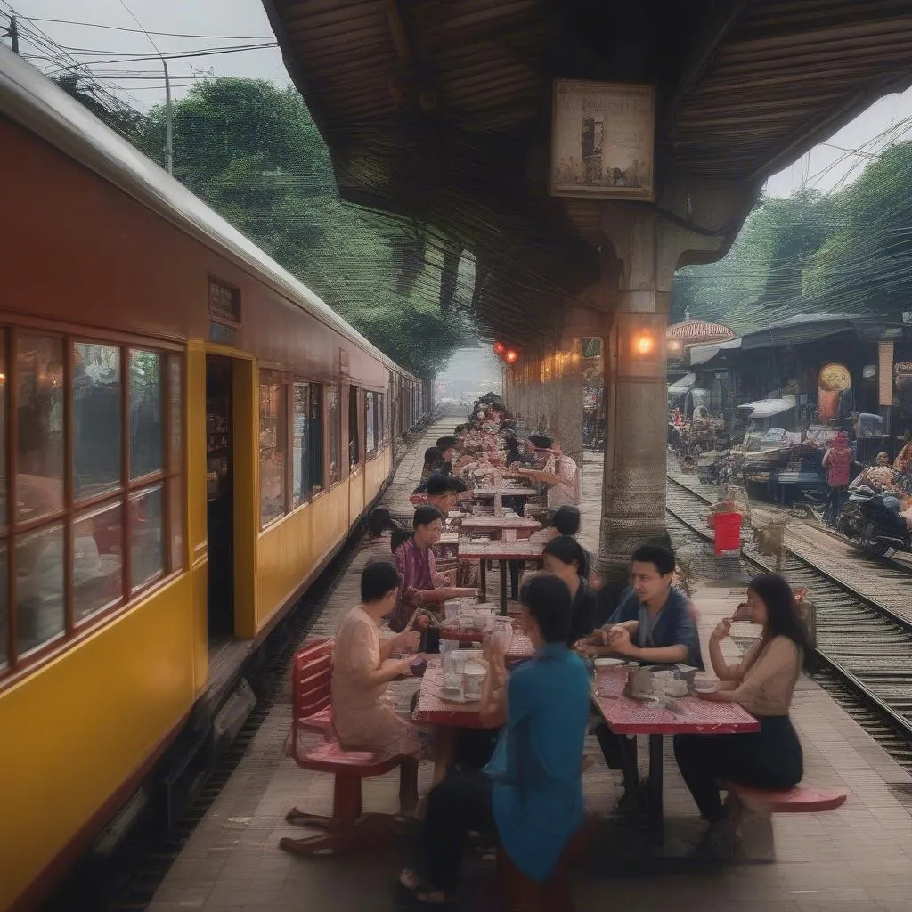 People enjoying drinks at a cafe on Hanoi Train Street