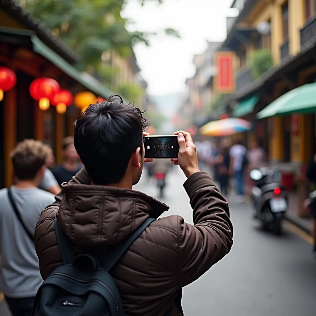 A traveler taking photos in Hanoi