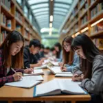 Hanoi university accounting students studying in library