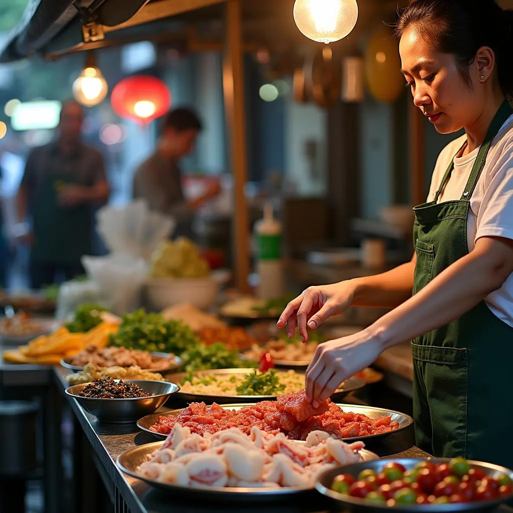 Hanoi food vendors preparing food