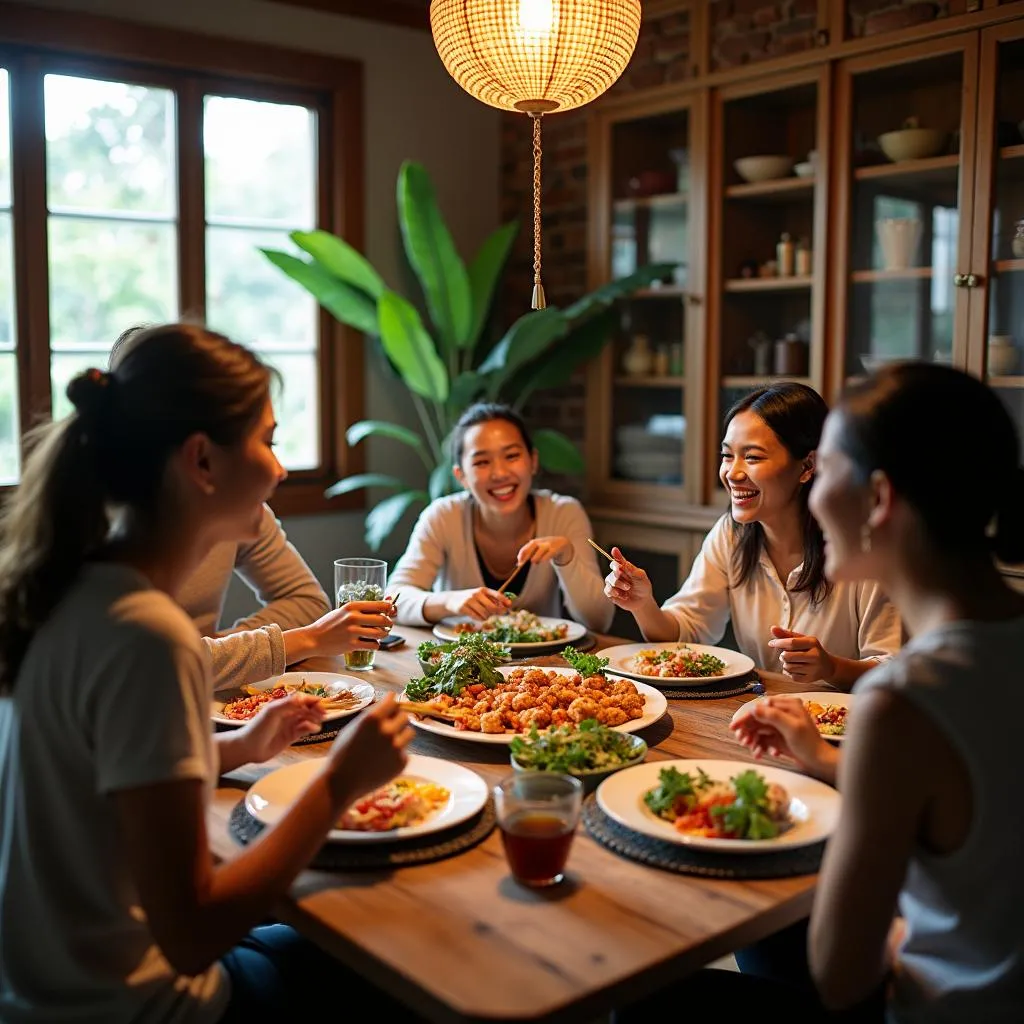 Volunteers sharing a meal with a local family in Hanoi