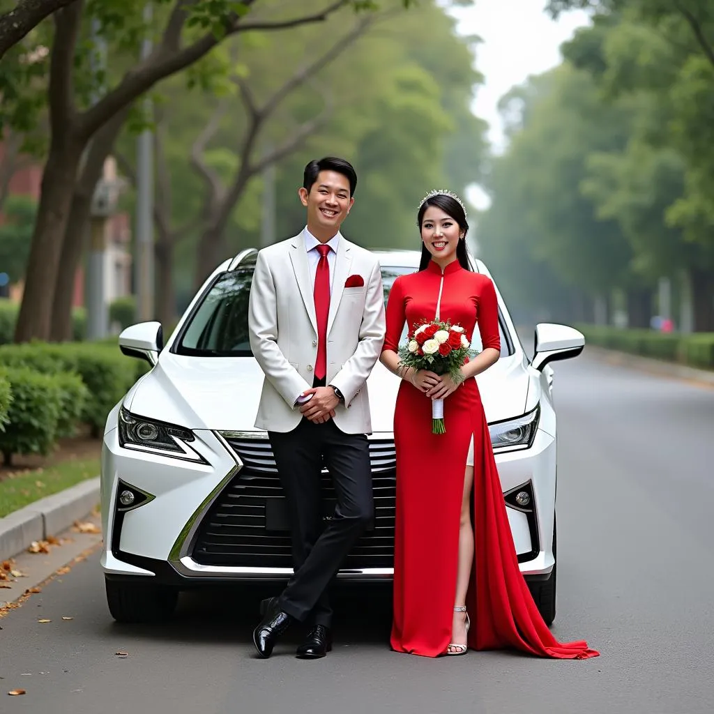 Hanoi wedding couple with Lexus car