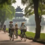 Tourists biking along West Lake in Hanoi