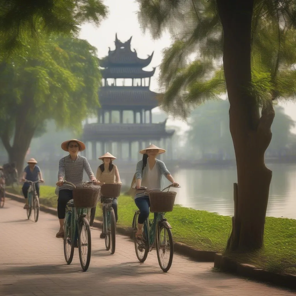 Tourists biking along West Lake in Hanoi