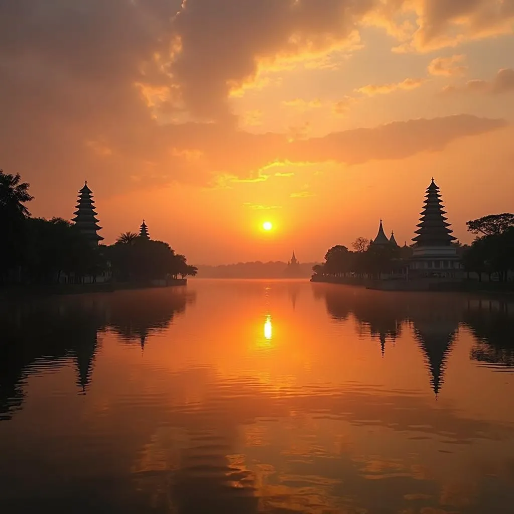 Scenic view of Hanoi's West Lake at sunset