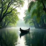 Tranquil scene of West Lake with a wooden boat