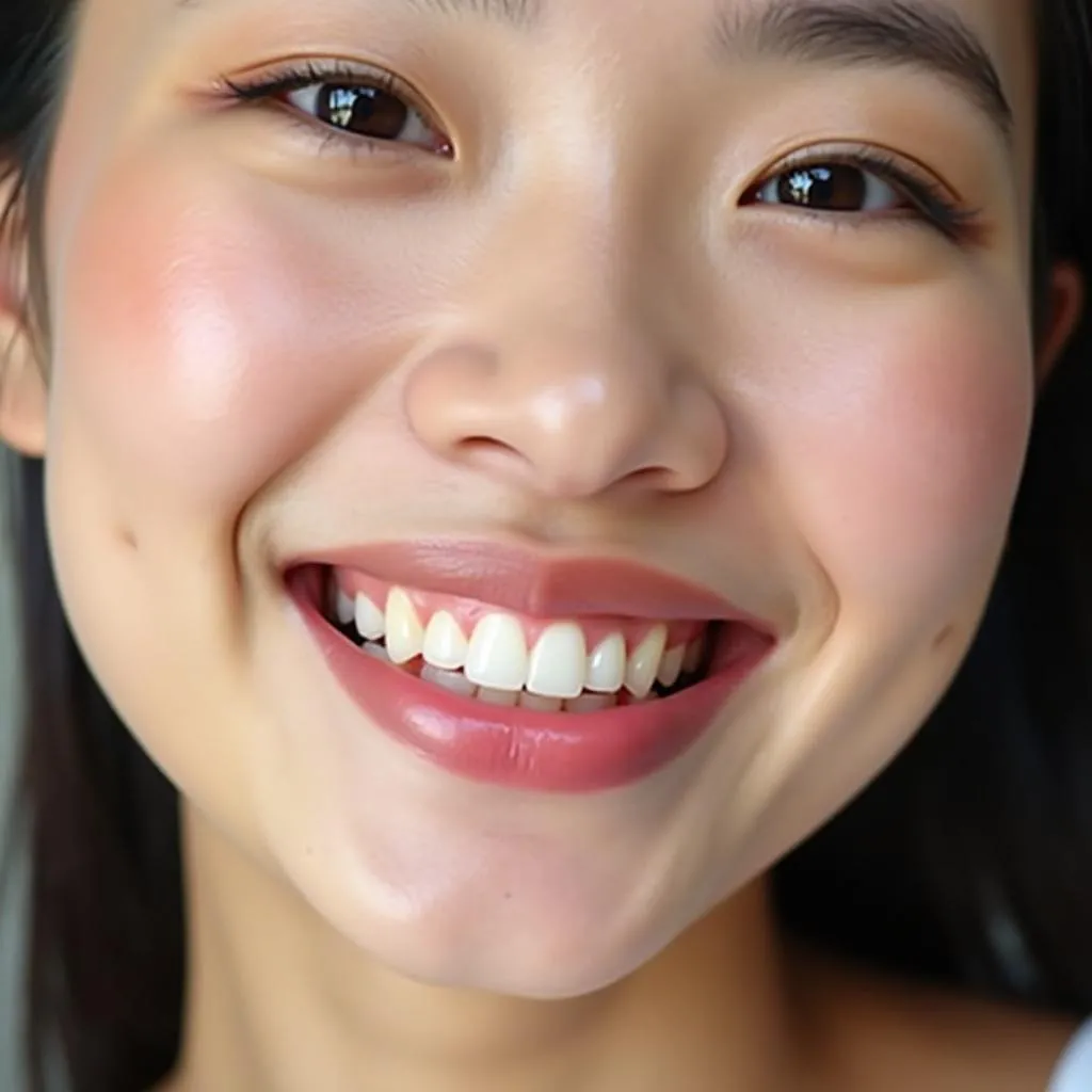 Smiling woman showcasing her perfect lips after lip blush treatment in Hanoi