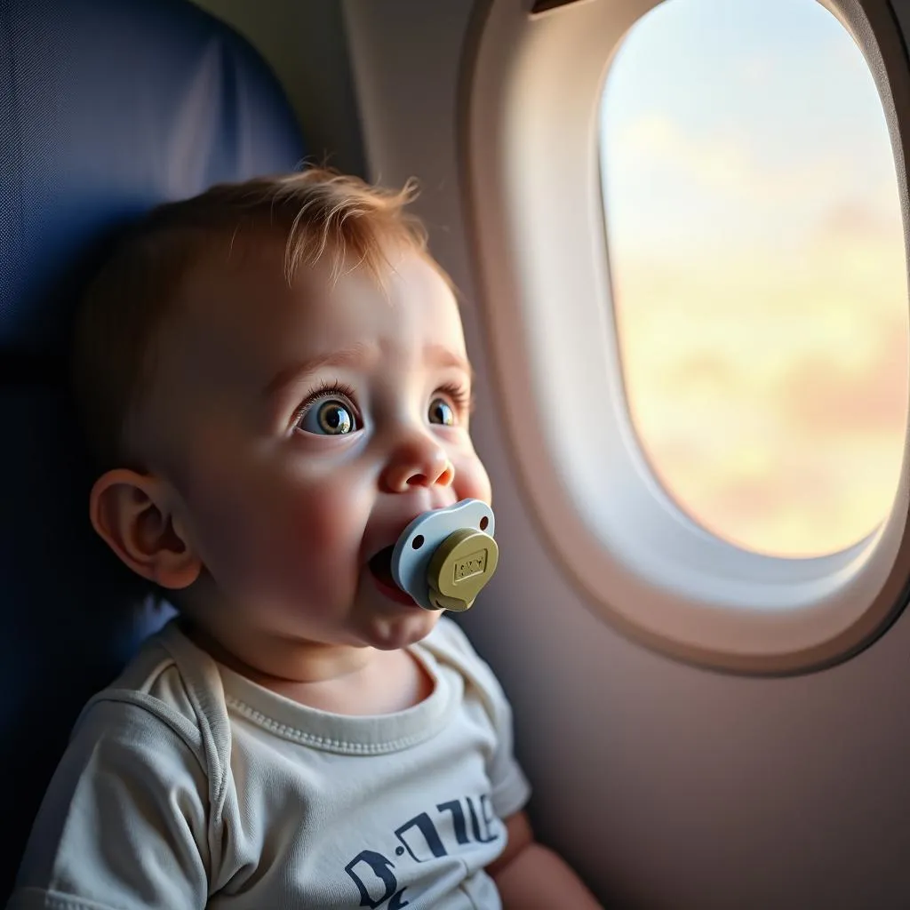 Baby happily looking out the airplane window