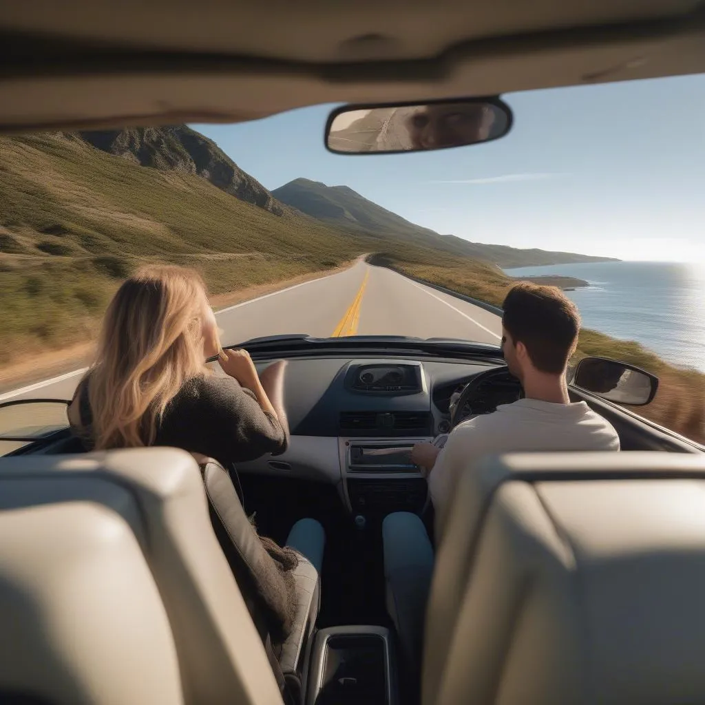 Couple enjoys a road trip in a rental car