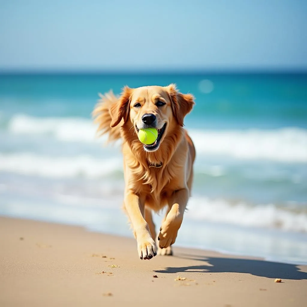 Golden Retriever playing fetch on a beach