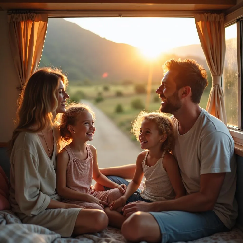 Family enjoying their travel trailer at a campsite