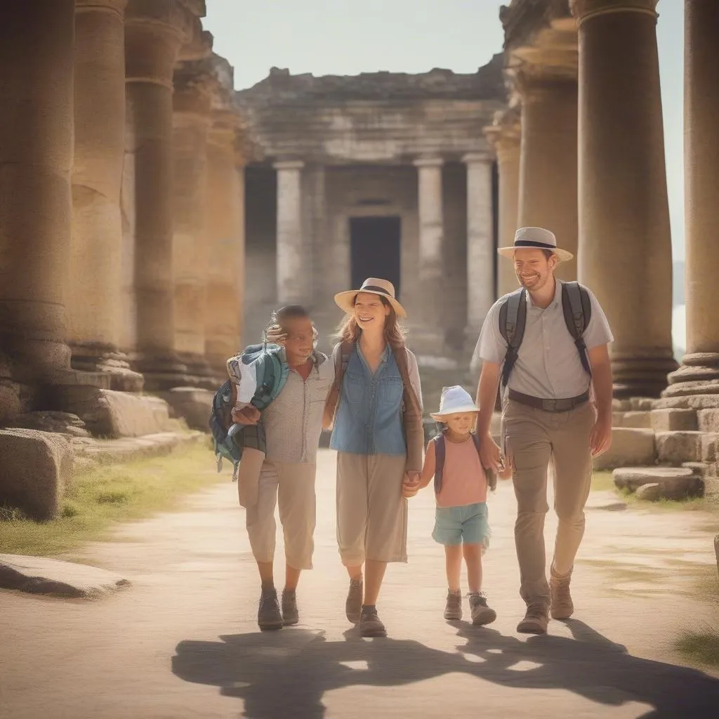 Family exploring ancient ruins