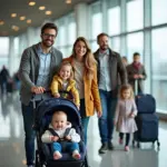 Smiling family with baby at the airport