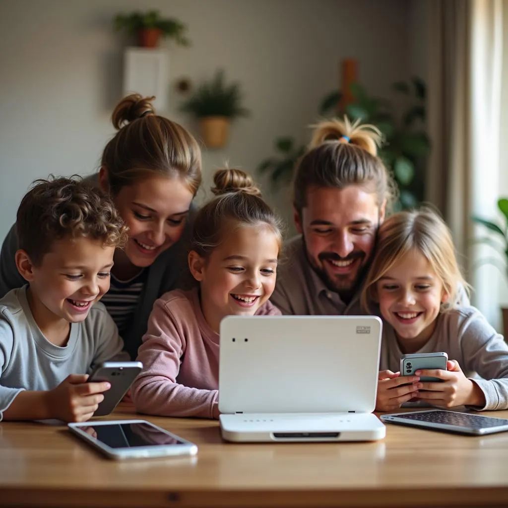 Happy Family Using Internet with Router