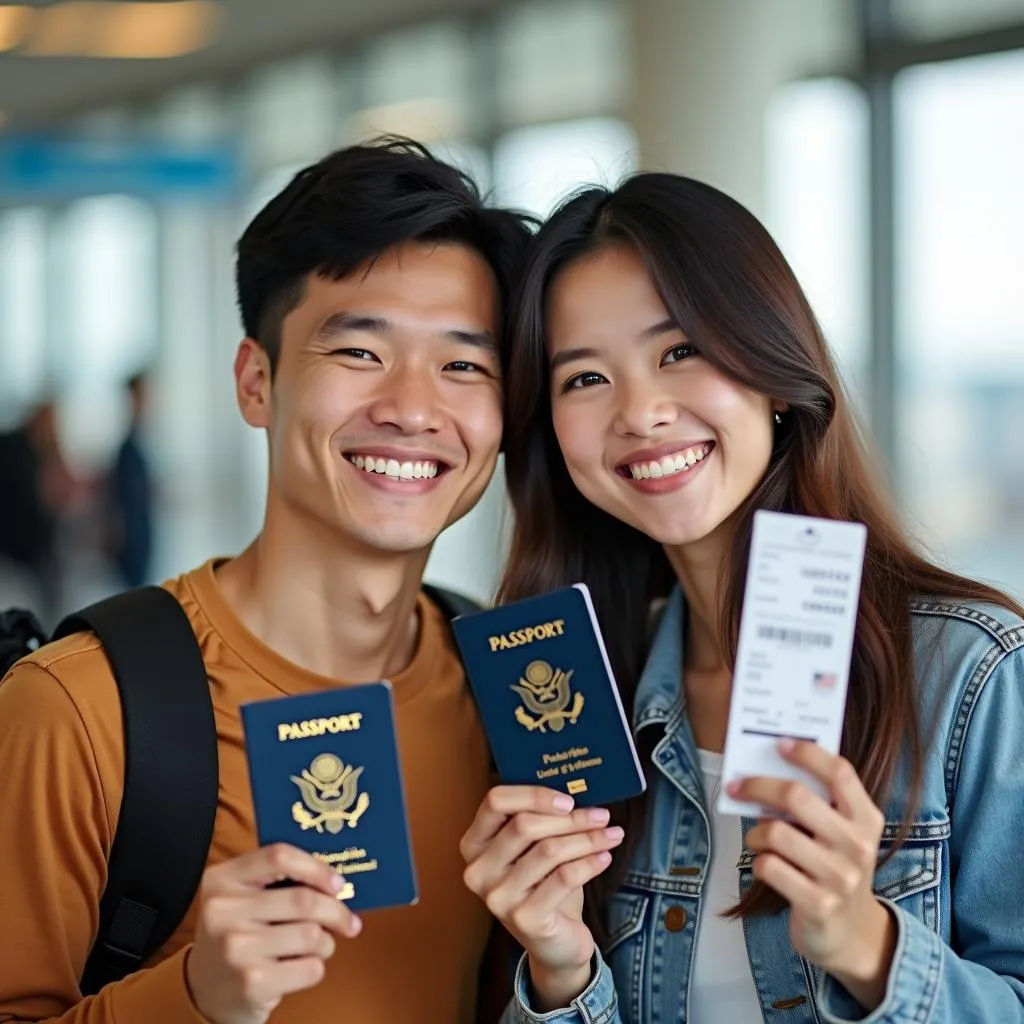 Happy Vietnamese Couple Holding US Visas and Plane Tickets