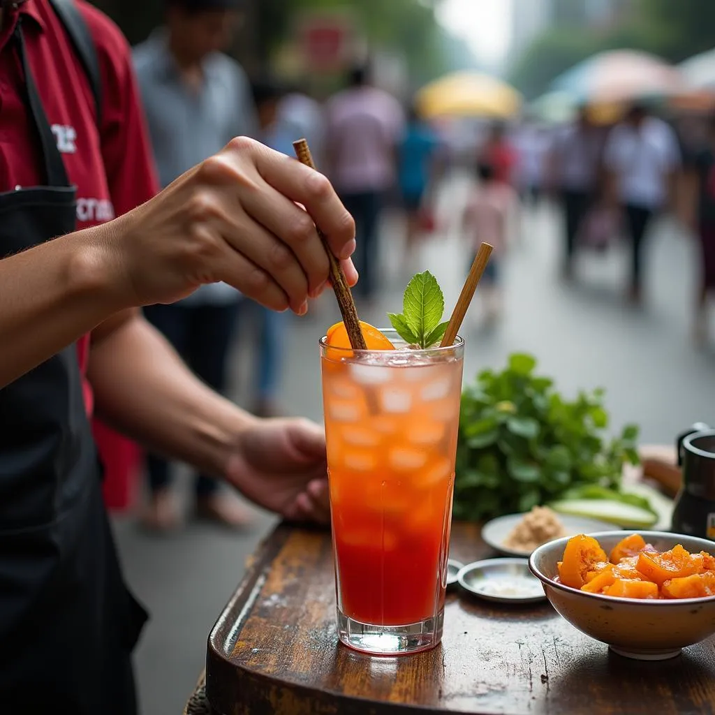 Street food vendor preparing a hạt đác drink