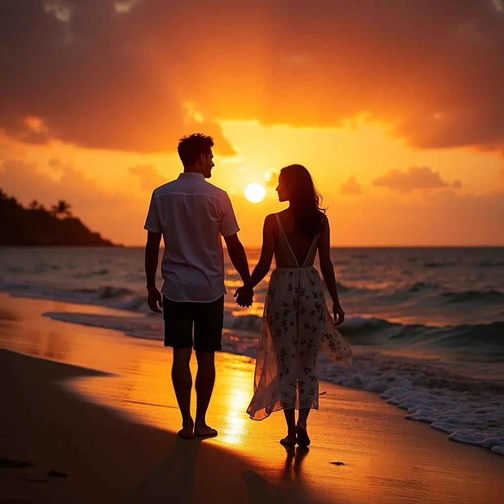 Couple enjoying sunset on Hawaii beach