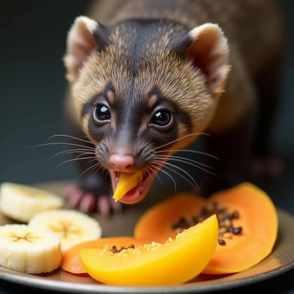 A healthy civet enjoying a meal of mixed fruits