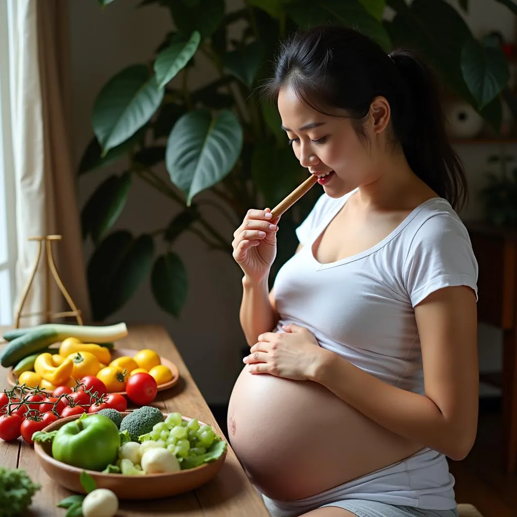 Vietnamese Pregnant Woman Enjoying Healthy Meal