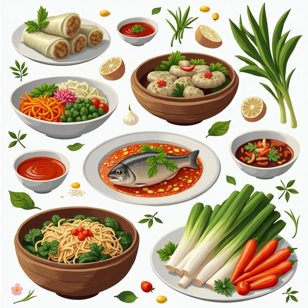 A table spread of colorful, fresh Vietnamese dishes