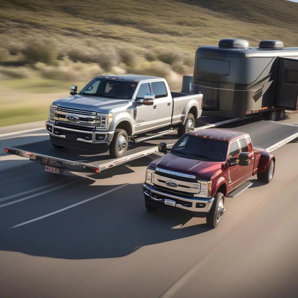 Heavy-duty pickup truck towing a travel trailer