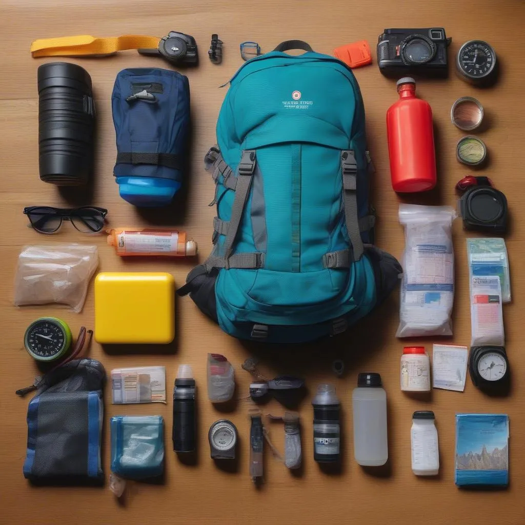 Essential gear for high-risk travel laid out on a table