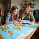 High school student planning a trip with a map and luggage.