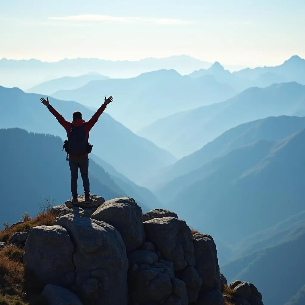 Hiker celebrating on a mountain summit