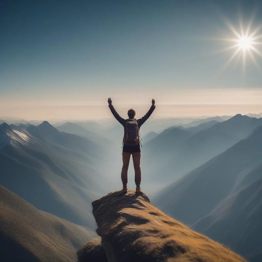 Hiker Reaching Mountain Summit