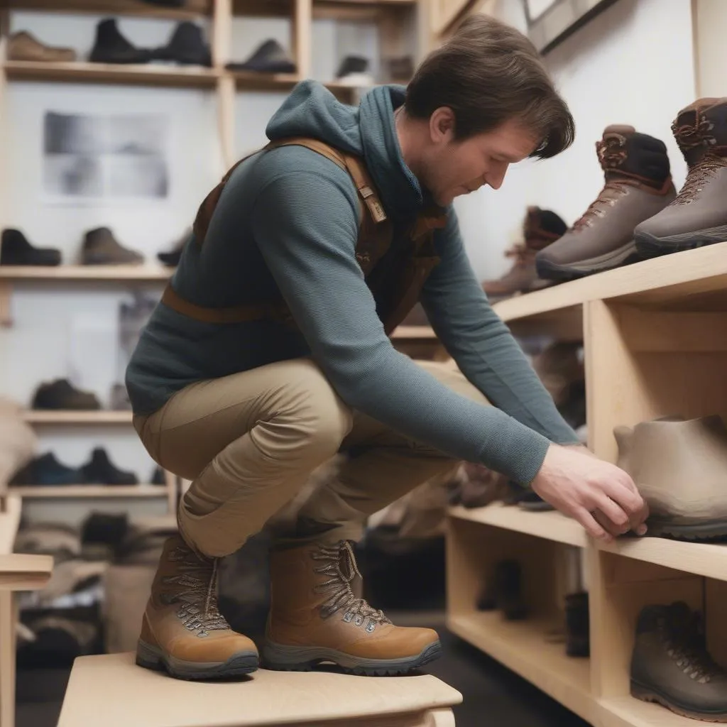 Image of a hiker trying on different hiking boots in a store