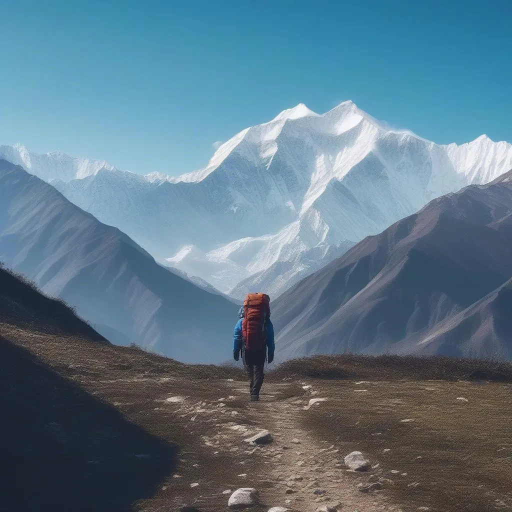 Spectacular Himalayan landscape with a lone hiker