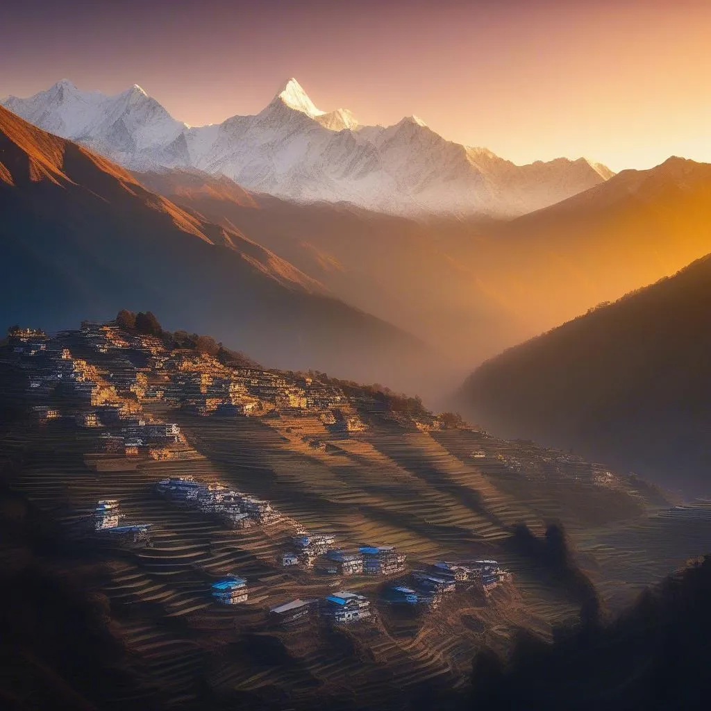 Sunrise over a Himalayan village